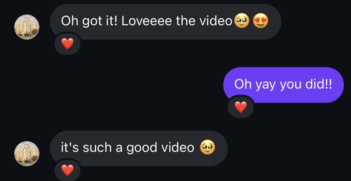 Chat messages from brand partner expressing love for the video content