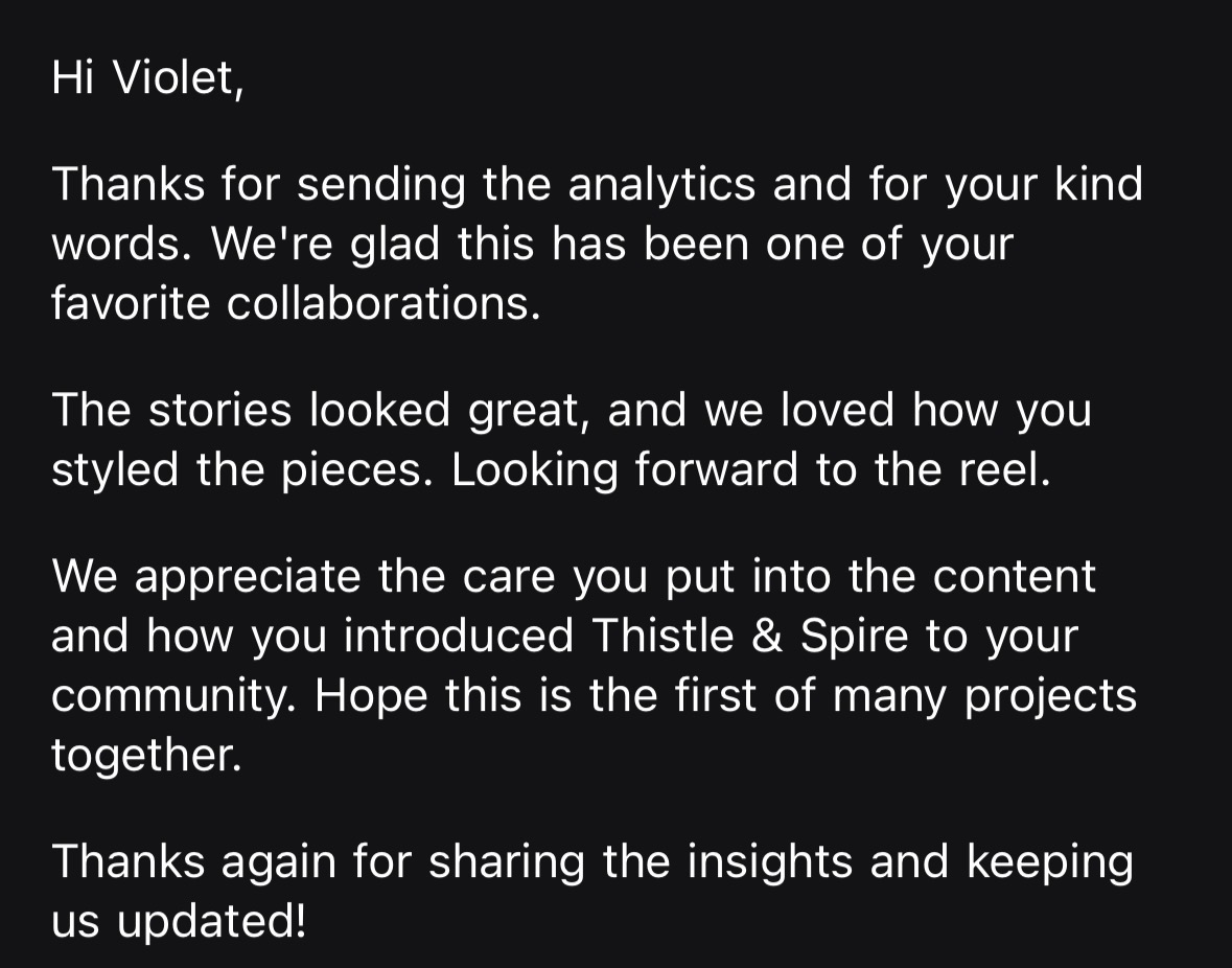 Message from Thistle & Spire thanking for analytics, content styling, and introducing the brand to the community